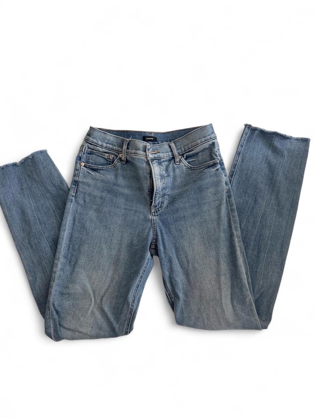 Express Modern Straight High Rise Jeans Size 6 Long Medium Wash Raw Hem